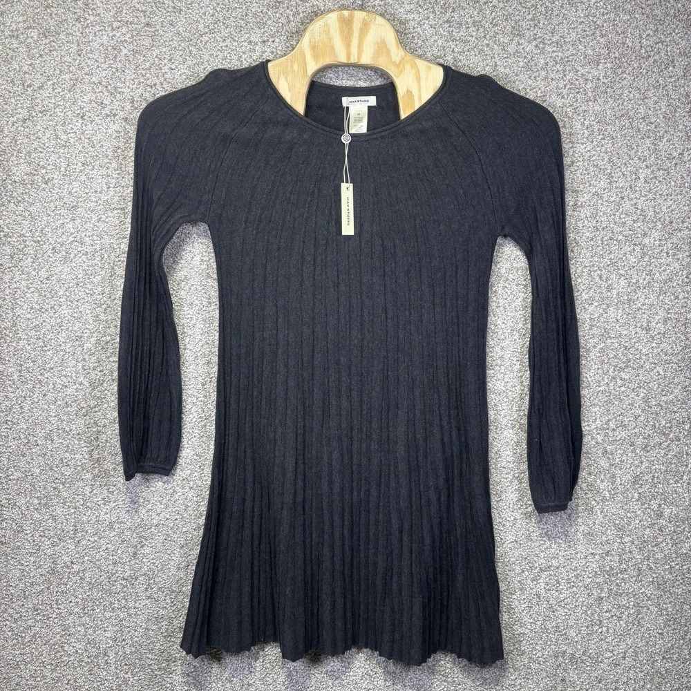 NWT Max Studio Sweater Dress Womens Medium Gray Crew Neck Ribbed 3/4 Sleeve